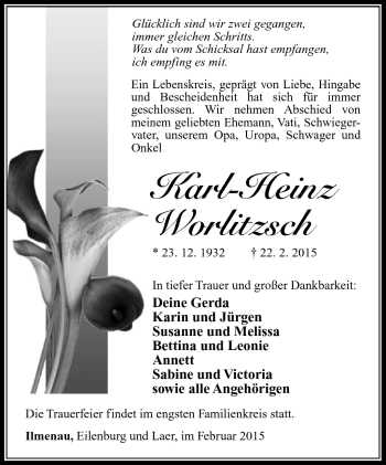 Traueranzeige von Karl-Heinz Worlitzsch von Südthüringer Presse