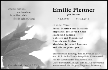 Traueranzeige von Emilie Plettner von Frankenpost