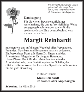 Traueranzeige von Margit Reinhardt von Südthüringer Presse