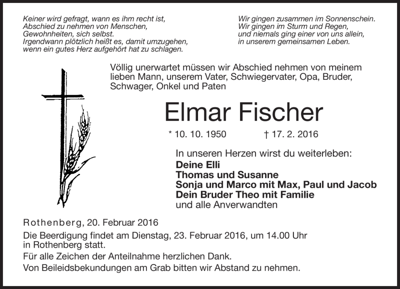  Traueranzeige für Elmar Fischer vom 20.02.2016 aus Neue Presse Coburg