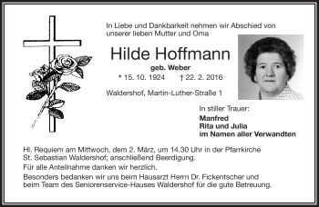 Traueranzeige von Hilde Hoffmann von Frankenpost