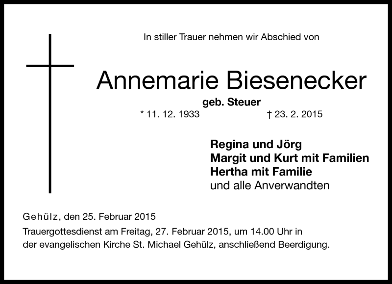  Traueranzeige für Annemarie Biesenecker vom 25.02.2015 aus Neue Presse Coburg