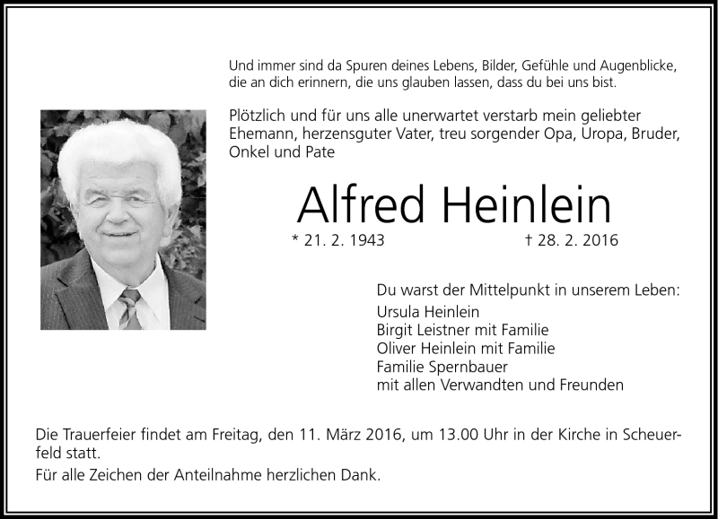  Traueranzeige für Alfred Heinlein vom 05.03.2016 aus Neue Presse Coburg