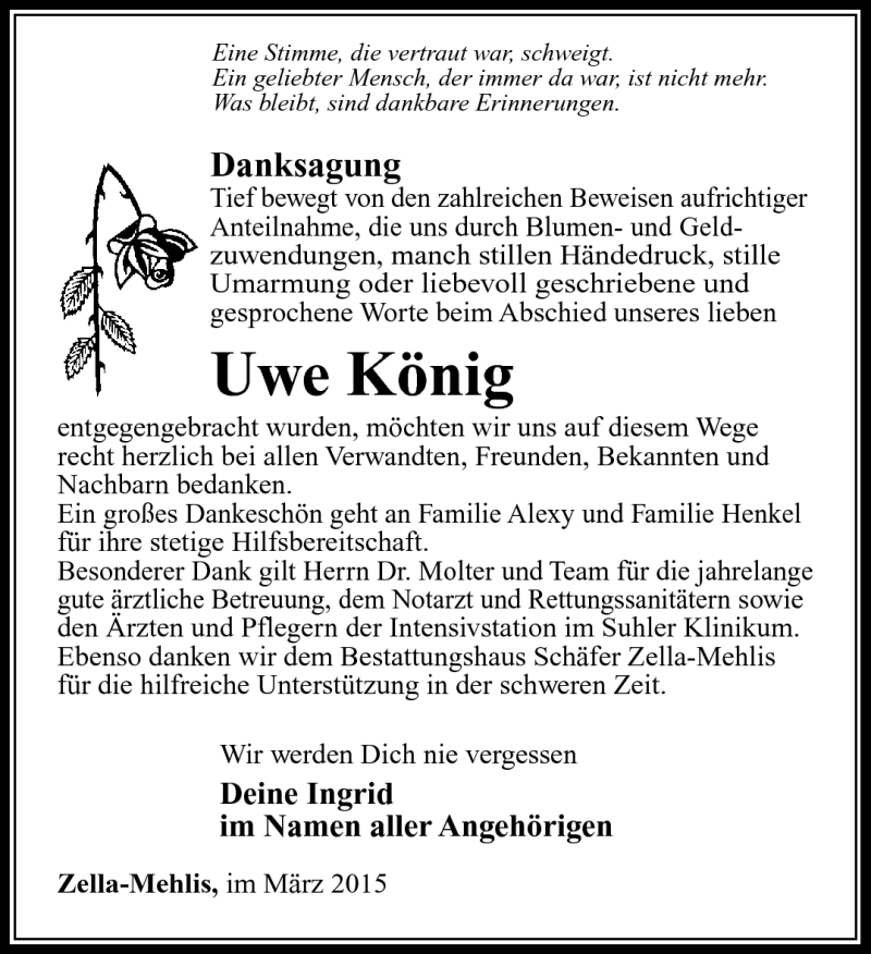  Traueranzeige für Uwe König vom 21.03.2015 aus Südthüringer Presse