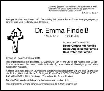 Traueranzeige von Emma Findeiß von Neue Presse Coburg