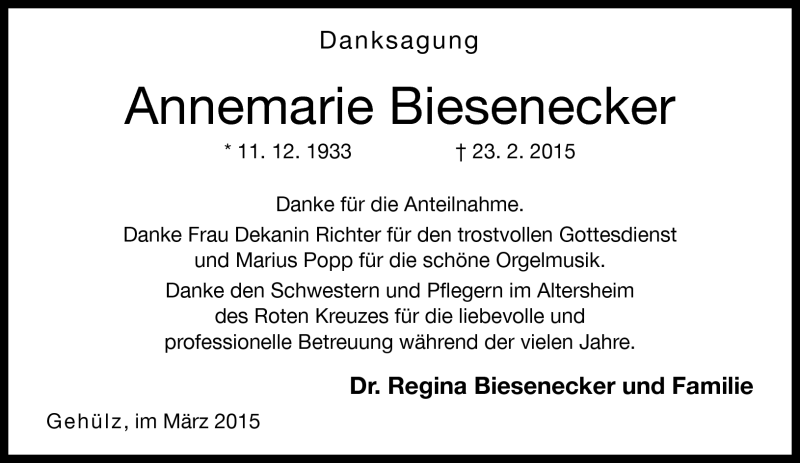  Traueranzeige für Annemarie Biesenecker vom 07.03.2015 aus Neue Presse Coburg