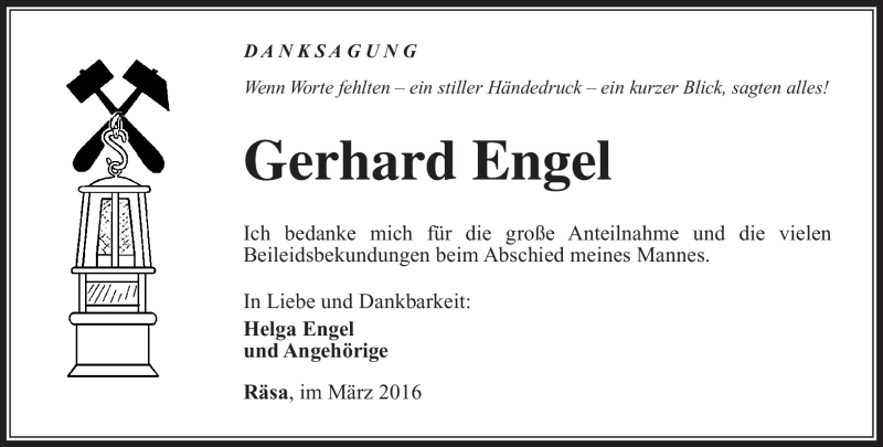  Traueranzeige für Gerhard Engel vom 15.03.2016 aus Südthüringer Presse