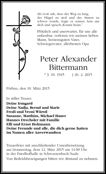 Traueranzeige von Alexander Bittermann von Frankenpost