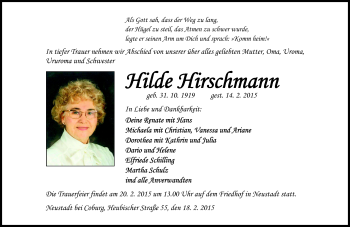 Traueranzeige von Hilde Hirschmann von Neue Presse Coburg