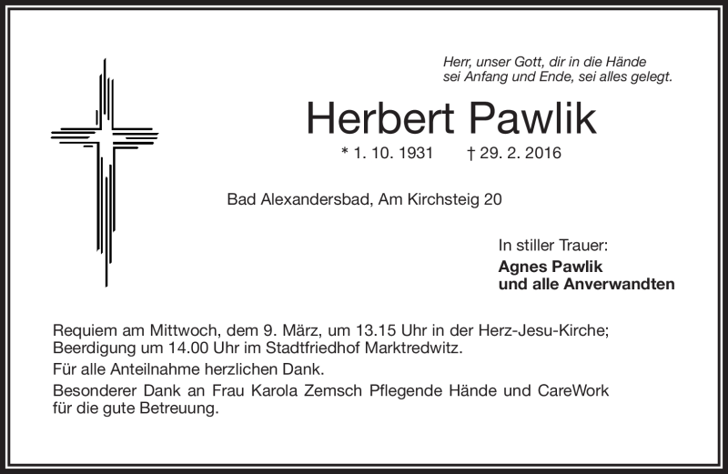  Traueranzeige für Herbert Pawlik vom 05.03.2016 aus Frankenpost
