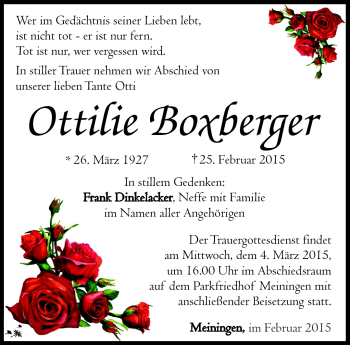 Traueranzeige von Ottilie Boxberger von Südthüringer Presse