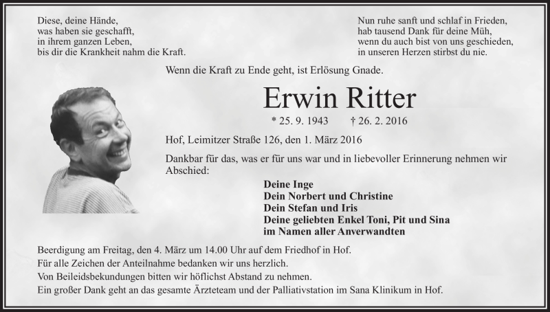  Traueranzeige für Erwin Ritter vom 01.03.2016 aus Frankenpost