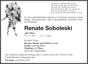 Traueranzeige von Renate Soboleski von Südthüringer Presse