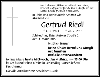 Traueranzeige von Gertrud Riedl von Frankenpost