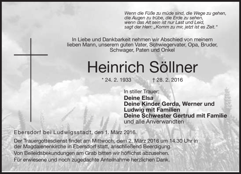  Traueranzeige für Heinrich Söllner vom 01.03.2016 aus Neue Presse Coburg