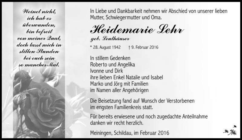  Traueranzeige für Heidemarie Lehr vom 20.02.2016 aus Südthüringer Presse