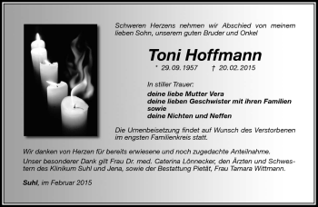 Traueranzeige von Toni Hoffmann von Südthüringer Presse