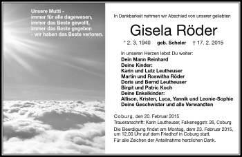 Traueranzeige von Gisela Röder von Neue Presse Coburg