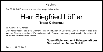 Traueranzeige von Siegfried Löffler von Neue Presse Coburg