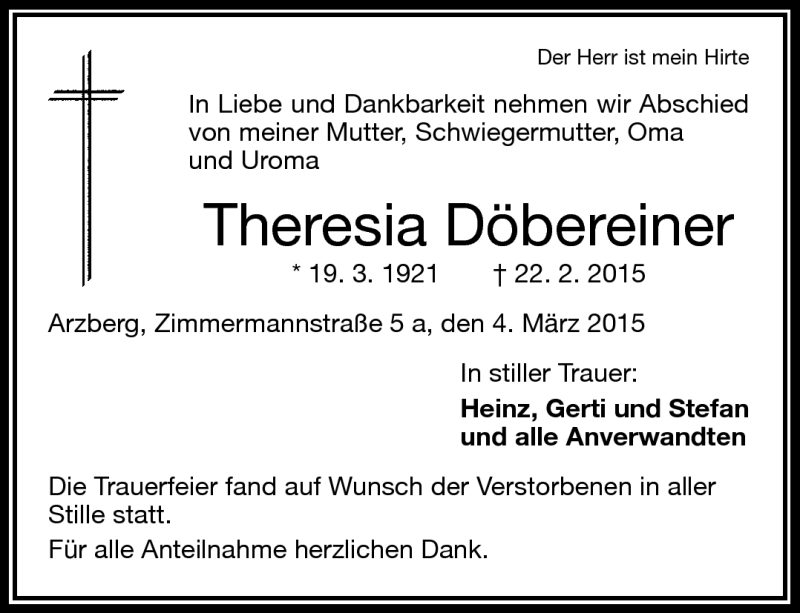  Traueranzeige für Theresia Döbereiner vom 04.03.2015 aus Frankenpost