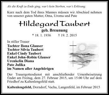 Traueranzeige von Hildegard Taubert von Südthüringer Presse