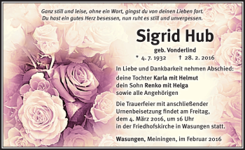 Traueranzeige von Sigrid Hub von Südthüringer Presse