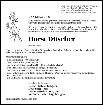 Traueranzeige von Horst Ditscher von Südthüringer Presse