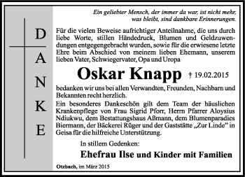 Traueranzeige von Oskar Knapp von Südthüringer Presse