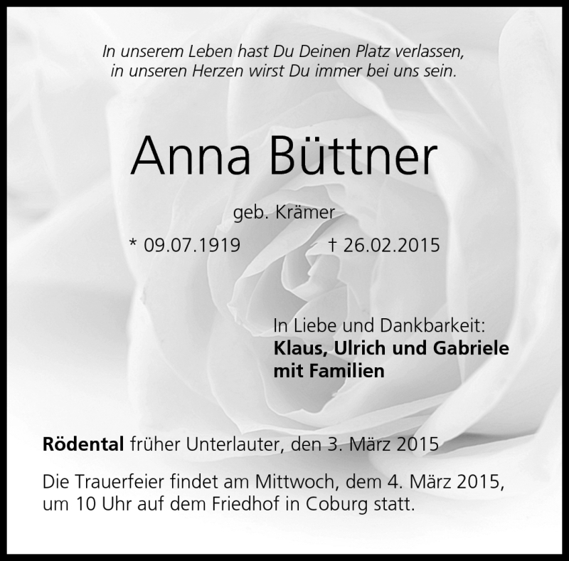 Traueranzeige für Anna Büttner vom 03.03.2015 aus Neue Presse Coburg