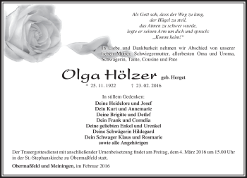 Traueranzeige von Olga Hölzer von Südthüringer Presse