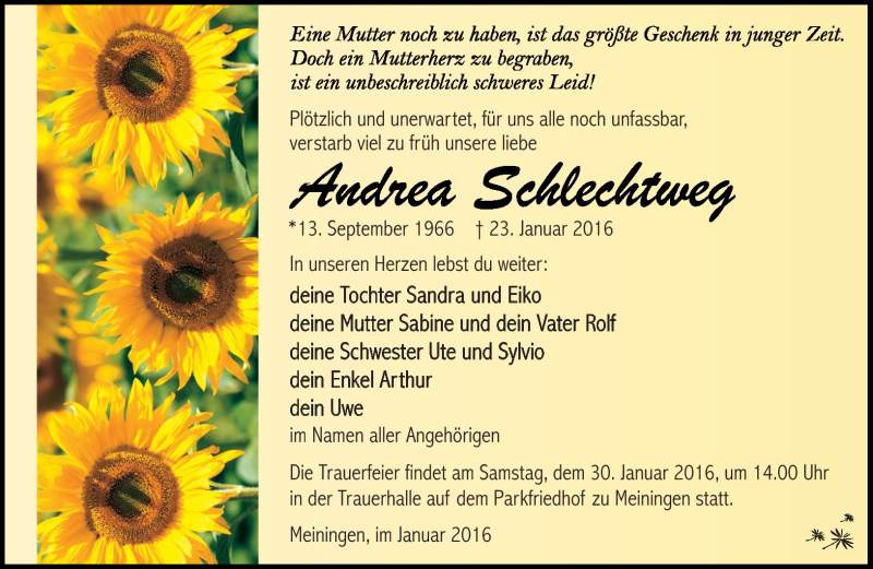  Traueranzeige für Andrea Schlechtweg vom 27.01.2016 aus Südthüringer Presse