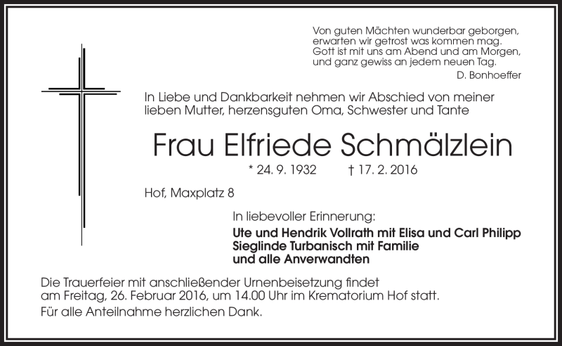  Traueranzeige für Elfriede Schmälzlein vom 24.02.2016 aus Frankenpost
