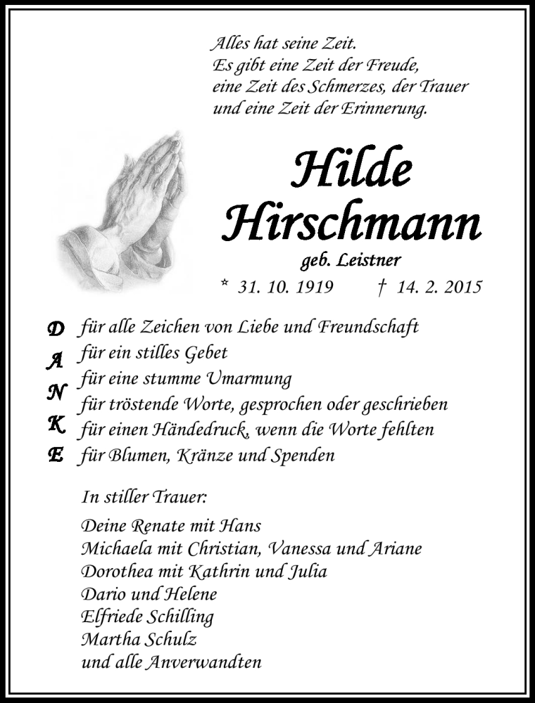  Traueranzeige für Hilde Hirschmann vom 28.02.2015 aus Neue Presse Coburg