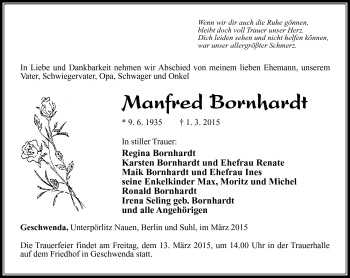Traueranzeige von Manfred Bornhardt von Südthüringer Presse