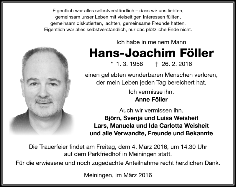  Traueranzeige für Hans-Joachim Föller vom 02.03.2016 aus Südthüringer Presse
