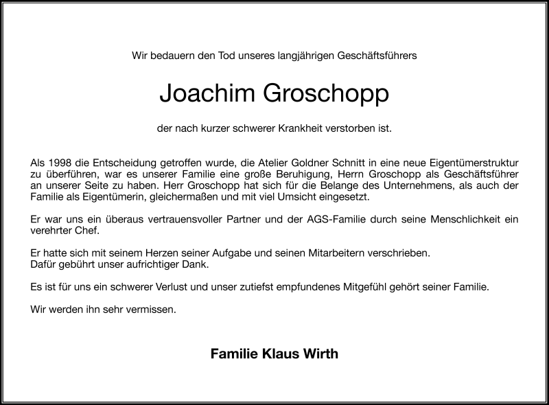  Traueranzeige für Joachim Groschopp vom 27.02.2015 aus Frankenpost