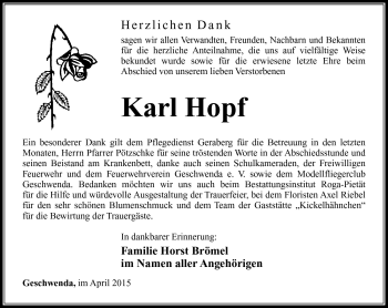 Traueranzeige von Karl Hopf von Südthüringer Presse