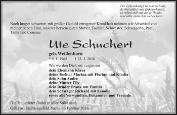 Traueranzeige von Ute Schuchert von Südthüringer Presse
