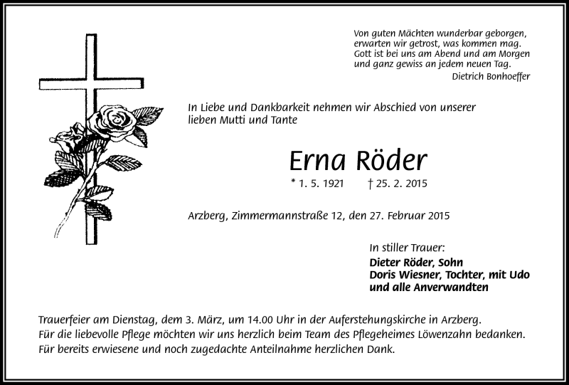  Traueranzeige für Erna Röder vom 27.02.2015 aus Frankenpost