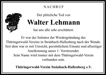 Traueranzeige von Walter Lehmann von Südthüringer Presse