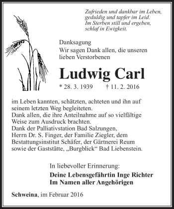Traueranzeige von Ludwig Carl von Südthüringer Presse