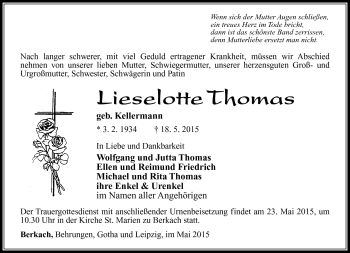 Traueranzeige von Lieselotte Thomas von Südthüringer Presse