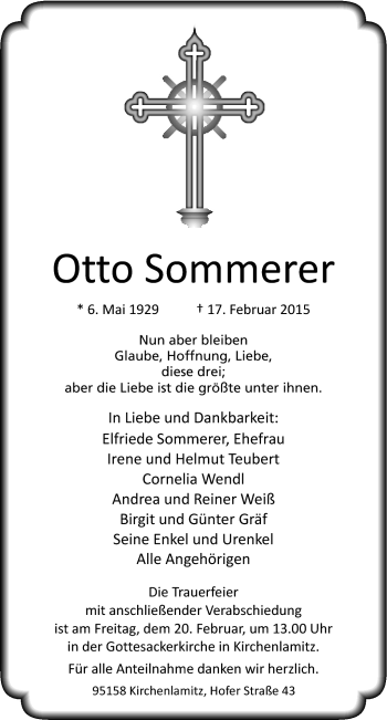 Traueranzeige von Otto Sommerer von Frankenpost