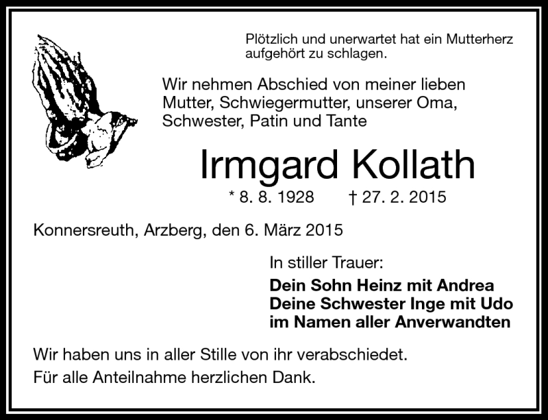  Traueranzeige für Irmgard Kollath vom 06.03.2015 aus Frankenpost