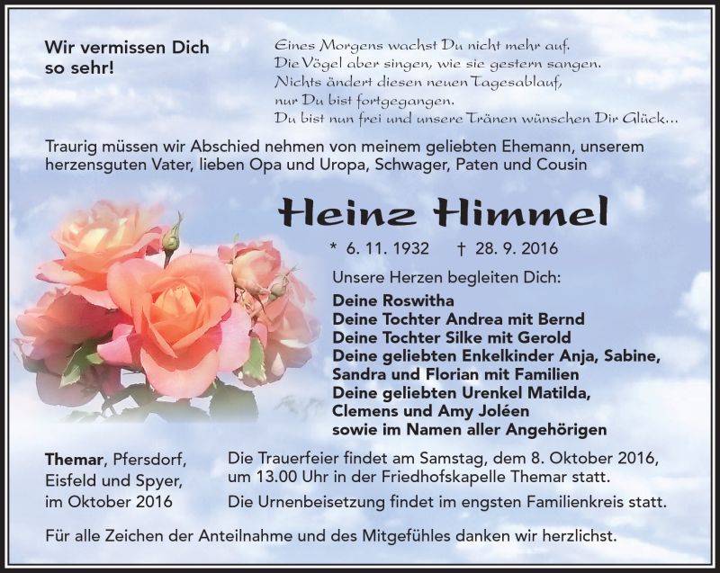  Traueranzeige für Heinz Himmel vom 05.10.2016 aus Südthüringer Presse