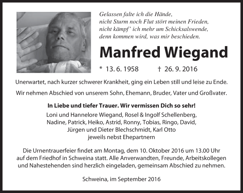  Traueranzeige für Manfred Wiegand vom 01.10.2016 aus Südthüringer Presse