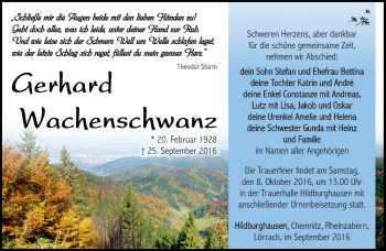 Traueranzeige von Gerhard Wachenschwanz von Südthüringer Presse