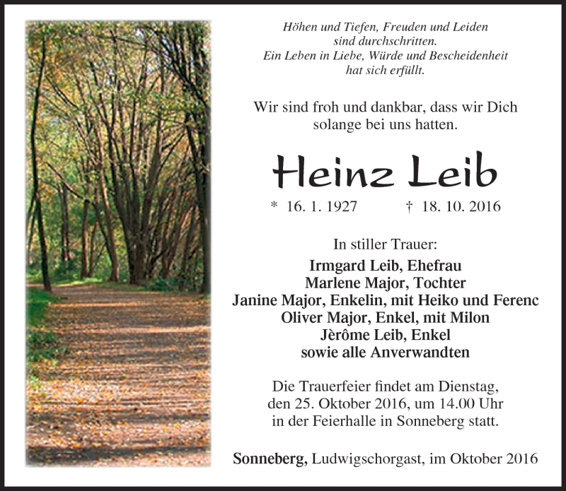  Traueranzeige für Heinz Leib vom 22.10.2016 aus Südthüringer Presse