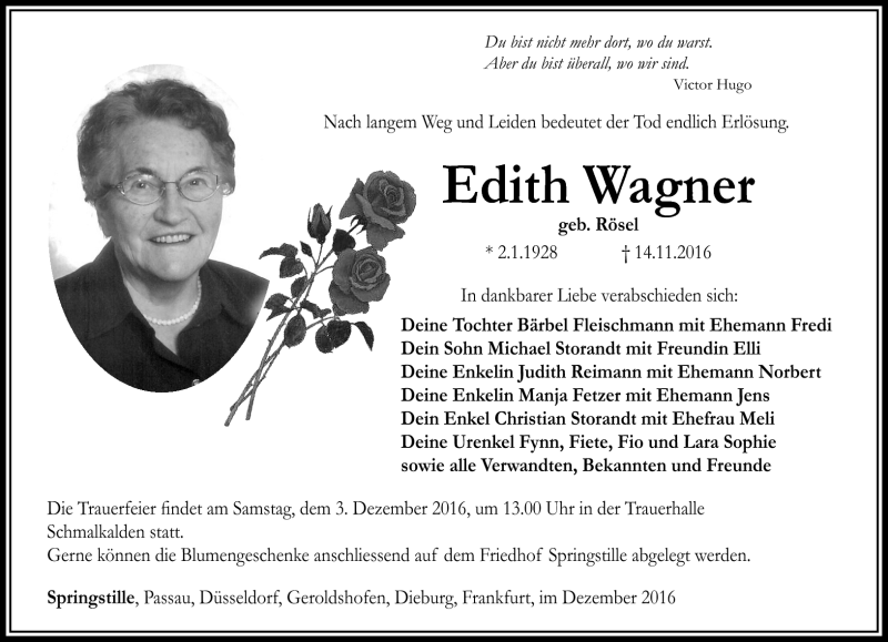  Traueranzeige für Edith Wagner vom 30.11.2016 aus Südthüringer Presse