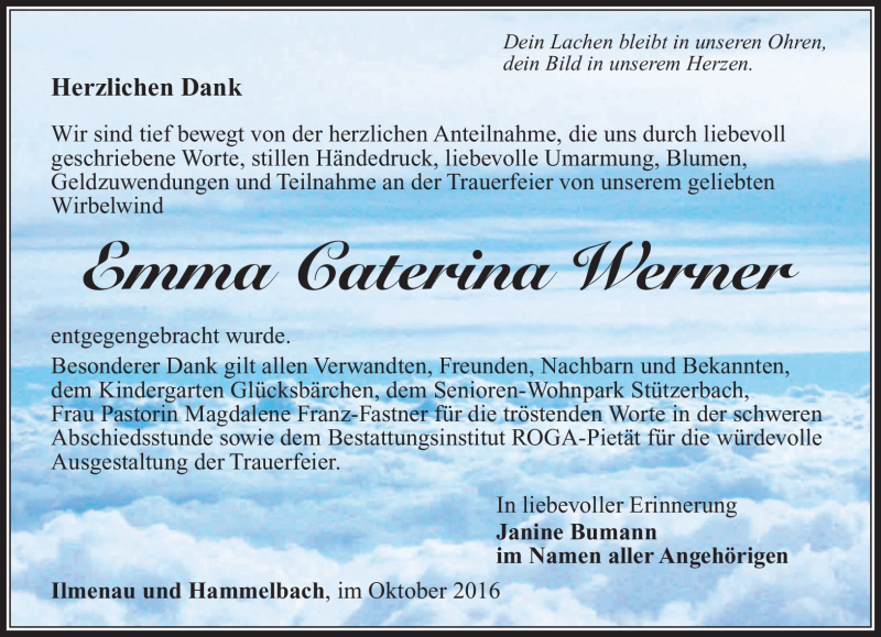  Traueranzeige für Emma Caterina Werner vom 05.11.2016 aus Südthüringer Presse